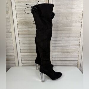 WILD DIVA (Lounge) Amaya Over the Knee Faux Suede Clear Heel Boots Black-8
